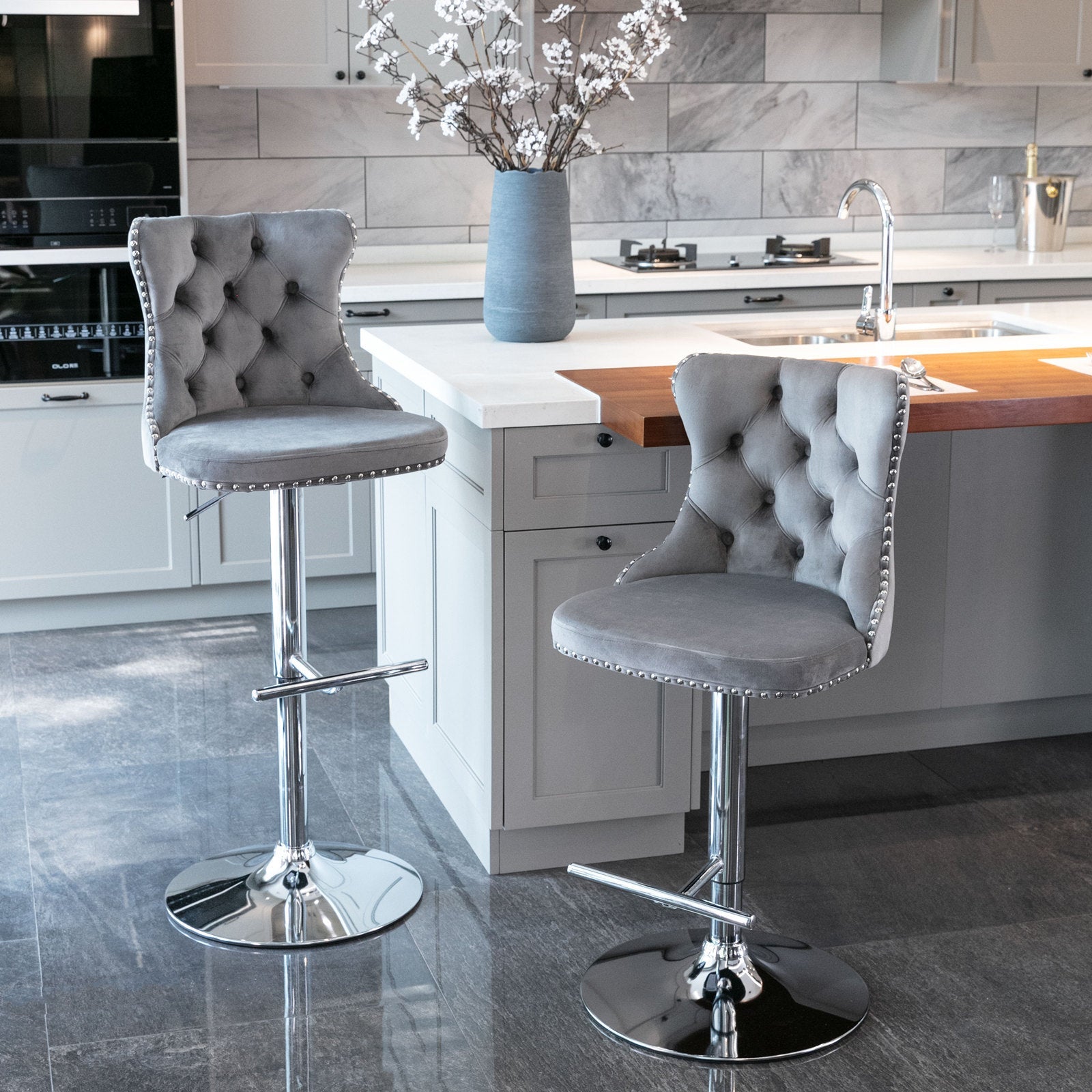 Swivel Velvet Barstools Adjusatble Seat Height from 25 - 33 Inch, Chrome base Bar Stools with Backs Comfortable Tufted for Home Pub and Kitchen Island,Set of 2, AS1712GY, Gray - 1st Choice Furniture Direct