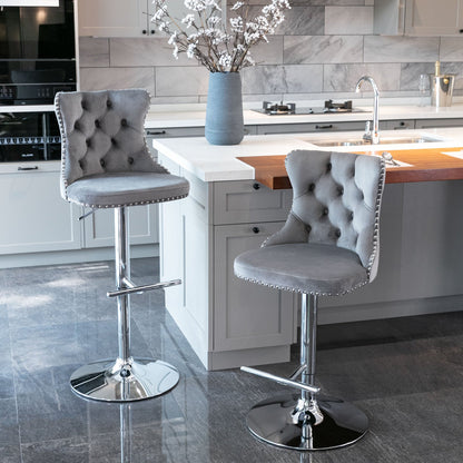 Swivel Velvet Barstools Adjusatble Seat Height from 25 - 33 Inch, Chrome base Bar Stools with Backs Comfortable Tufted for Home Pub and Kitchen Island,Set of 2, AS1712GY, Gray - 1st Choice Furniture Direct