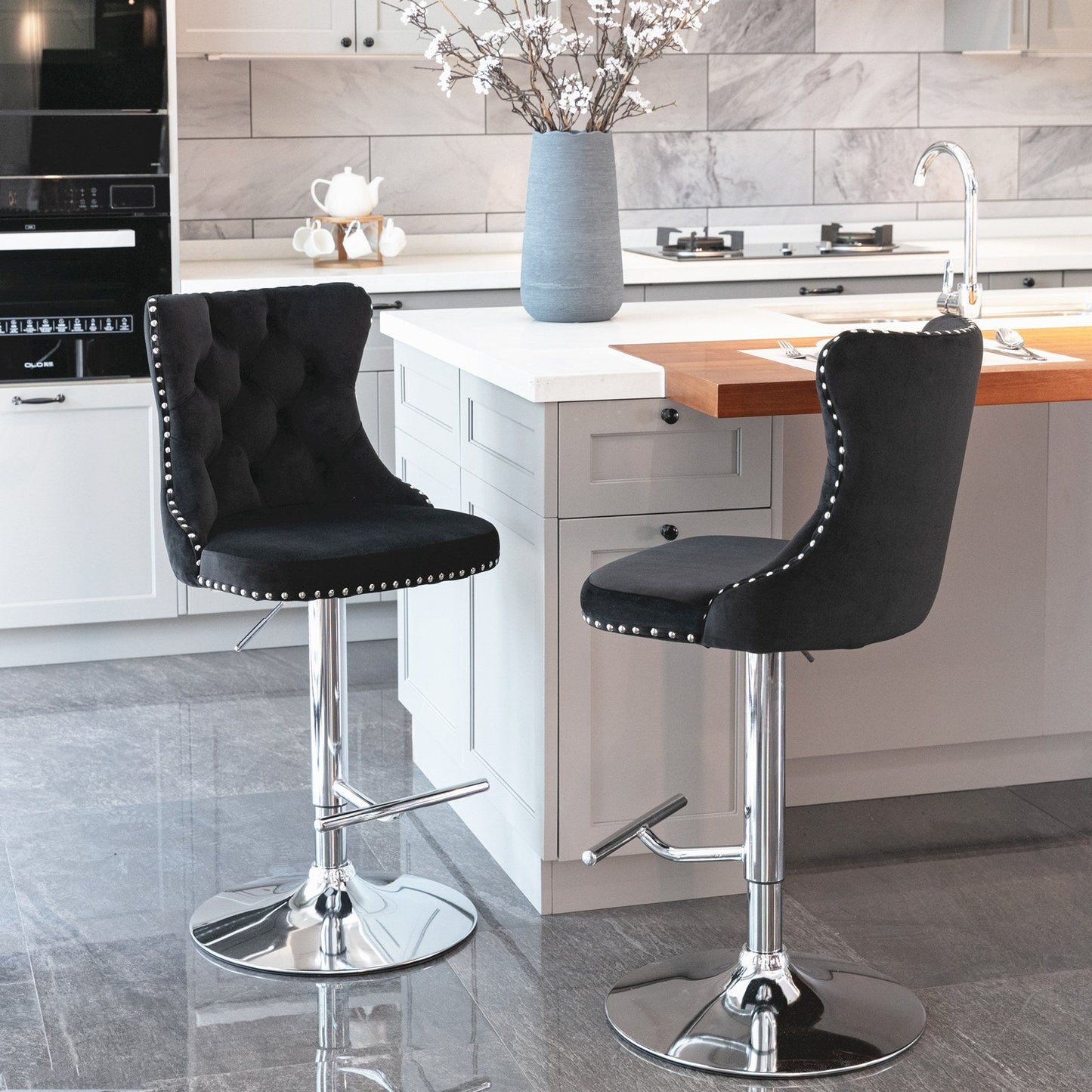 Swivel Velvet Barstools Adjusatble Seat Height from 25 - 33 Inch, Chrome base Bar Stools with Backs Comfortable Tufted for Home Pub and Kitchen Island,Set of 2,AS1712BK,Black - 1st Choice Furniture Direct