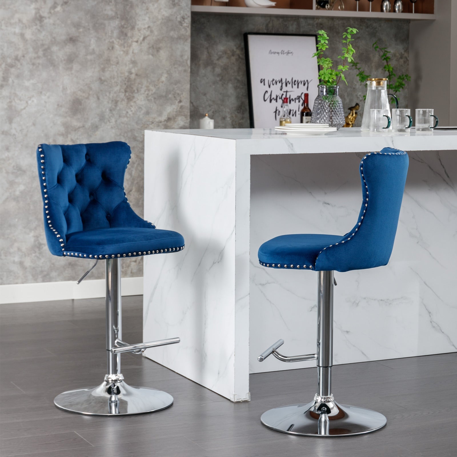 Swivel Velvet Barstools Adjusatble Seat Height from 25 - 33 Inch, Chrome base Bar Stools with Backs Comfortable Tufted for Home Pub and Kitchen Island,Set of 2,AS1712BL,Blue - 1st Choice Furniture Direct