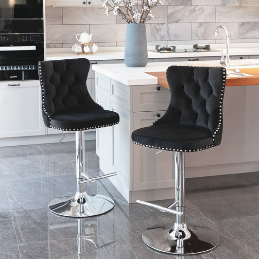 Swivel Velvet Barstools Adjusatble Seat Height from 25 - 33 Inch, Chrome base Bar Stools with Backs Comfortable Tufted for Home Pub and Kitchen Island,Set of 2,AS1712BK,Black - 1st Choice Furniture Direct