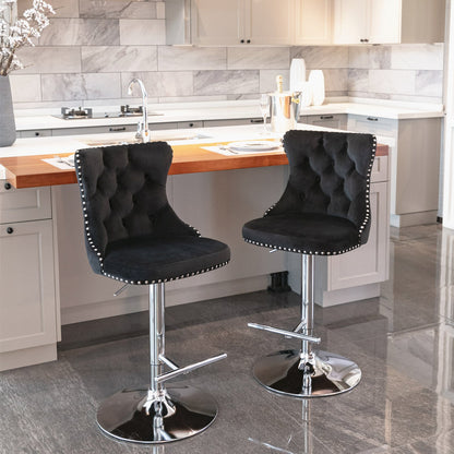 Swivel Velvet Barstools Adjusatble Seat Height from 25 - 33 Inch, Chrome base Bar Stools with Backs Comfortable Tufted for Home Pub and Kitchen Island,Set of 2,AS1712BK,Black - 1st Choice Furniture Direct