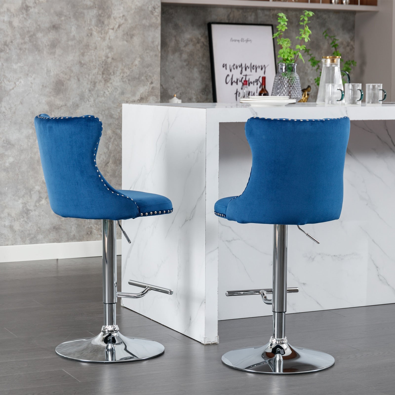 Swivel Velvet Barstools Adjusatble Seat Height from 25 - 33 Inch, Chrome base Bar Stools with Backs Comfortable Tufted for Home Pub and Kitchen Island,Set of 2,AS1712BL,Blue - 1st Choice Furniture Direct