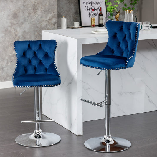 Swivel Velvet Barstools Adjusatble Seat Height from 25 - 33 Inch, Chrome base Bar Stools with Backs Comfortable Tufted for Home Pub and Kitchen Island,Set of 2,AS1712BL,Blue - 1st Choice Furniture Direct