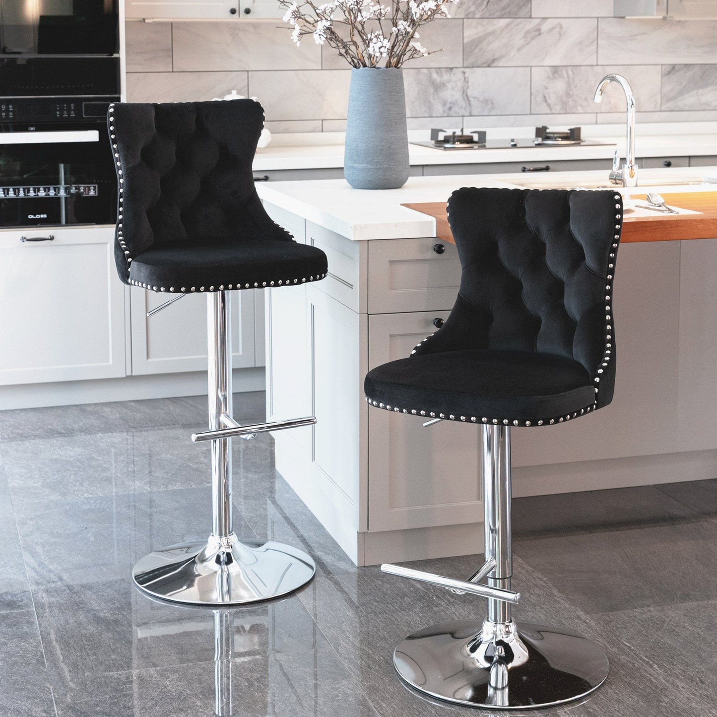 Swivel Velvet Barstools Adjusatble Seat Height from 25 - 33 Inch, Chrome base Bar Stools with Backs Comfortable Tufted for Home Pub and Kitchen Island,Set of 2,AS1712BK,Black - 1st Choice Furniture Direct