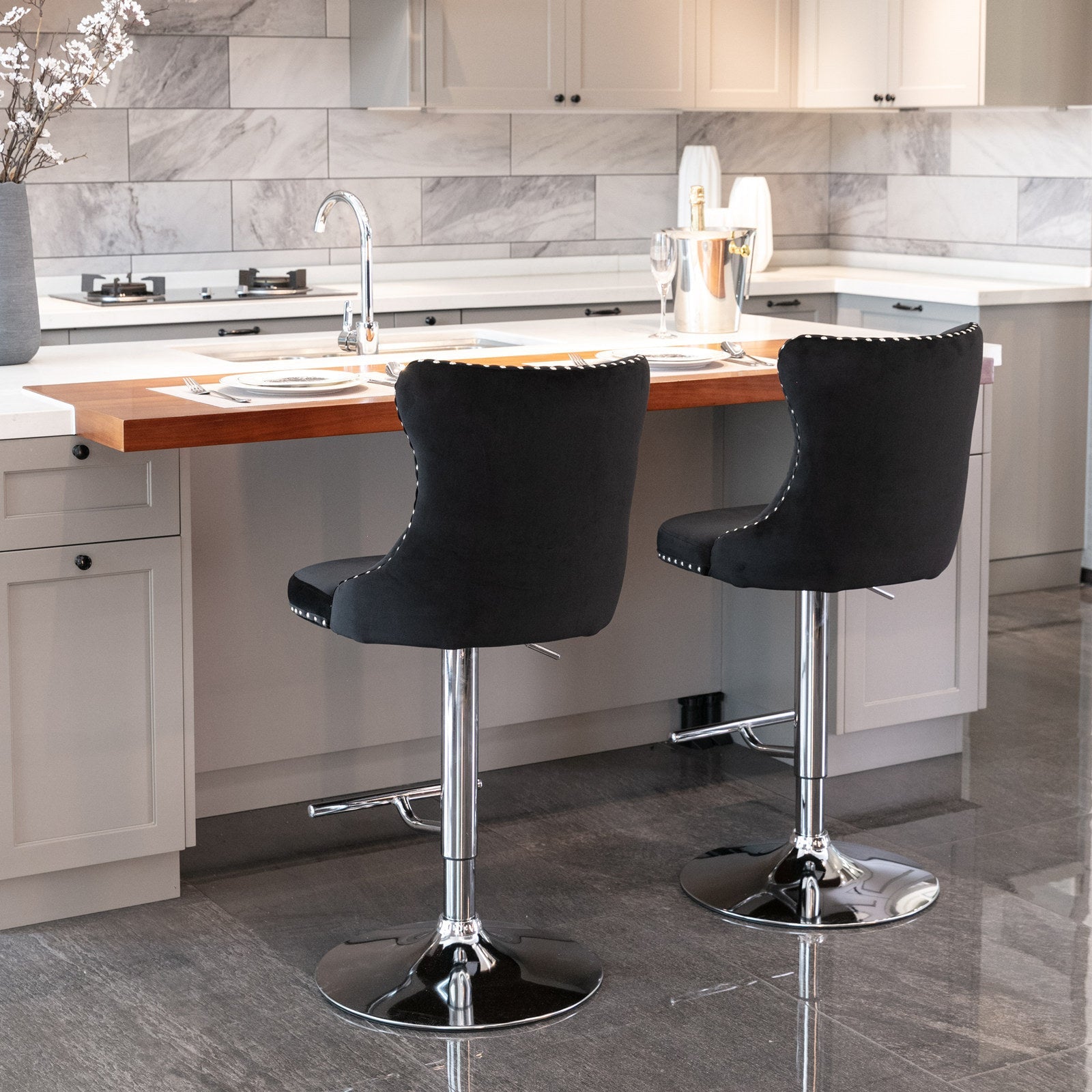 Swivel Velvet Barstools Adjusatble Seat Height from 25 - 33 Inch, Chrome base Bar Stools with Backs Comfortable Tufted for Home Pub and Kitchen Island,Set of 2,AS1712BK,Black - 1st Choice Furniture Direct
