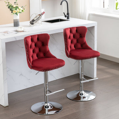 Swivel Velvet Barstools with Adjustable Seat Height, Chrome Base, Tufted Back, Wine Red, Velvet, Set of 2 - 1st Choice Furniture Direct