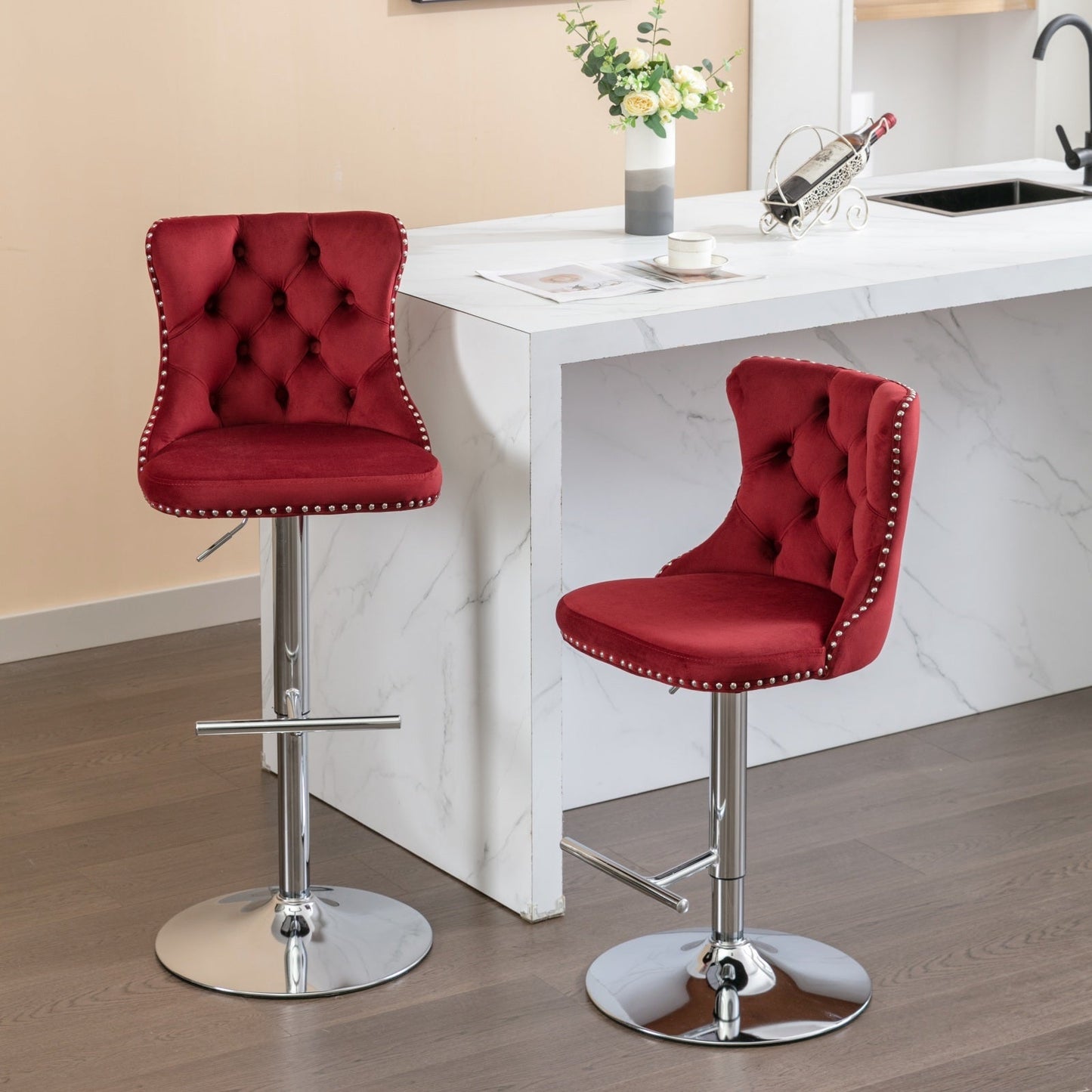 Swivel Velvet Barstools with Adjustable Seat Height, Chrome Base, Tufted Back, Wine Red, Velvet, Set of 2 - 1st Choice Furniture Direct