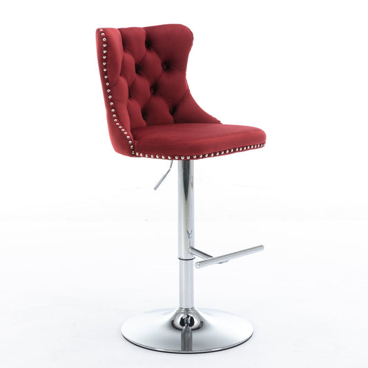 Swivel Velvet Barstools with Adjustable Seat Height, Chrome Base, Tufted Back, Wine Red, Velvet, Set of 2 - 1st Choice Furniture Direct