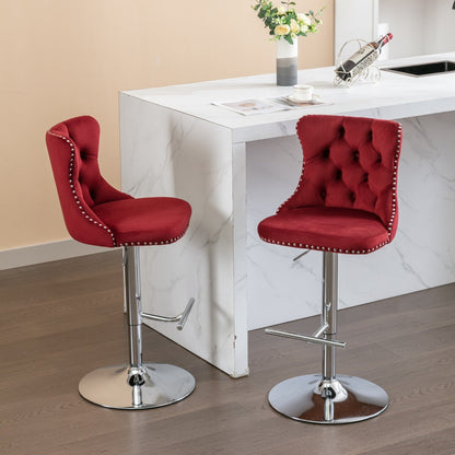 Swivel Velvet Barstools with Adjustable Seat Height, Chrome Base, Tufted Back, Wine Red, Velvet, Set of 2 - 1st Choice Furniture Direct