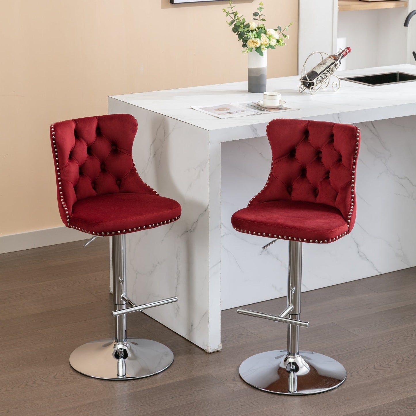 Swivel Velvet Barstools with Adjustable Seat Height, Chrome Base, Tufted Back, Wine Red, Velvet, Set of 2 - 1st Choice Furniture Direct