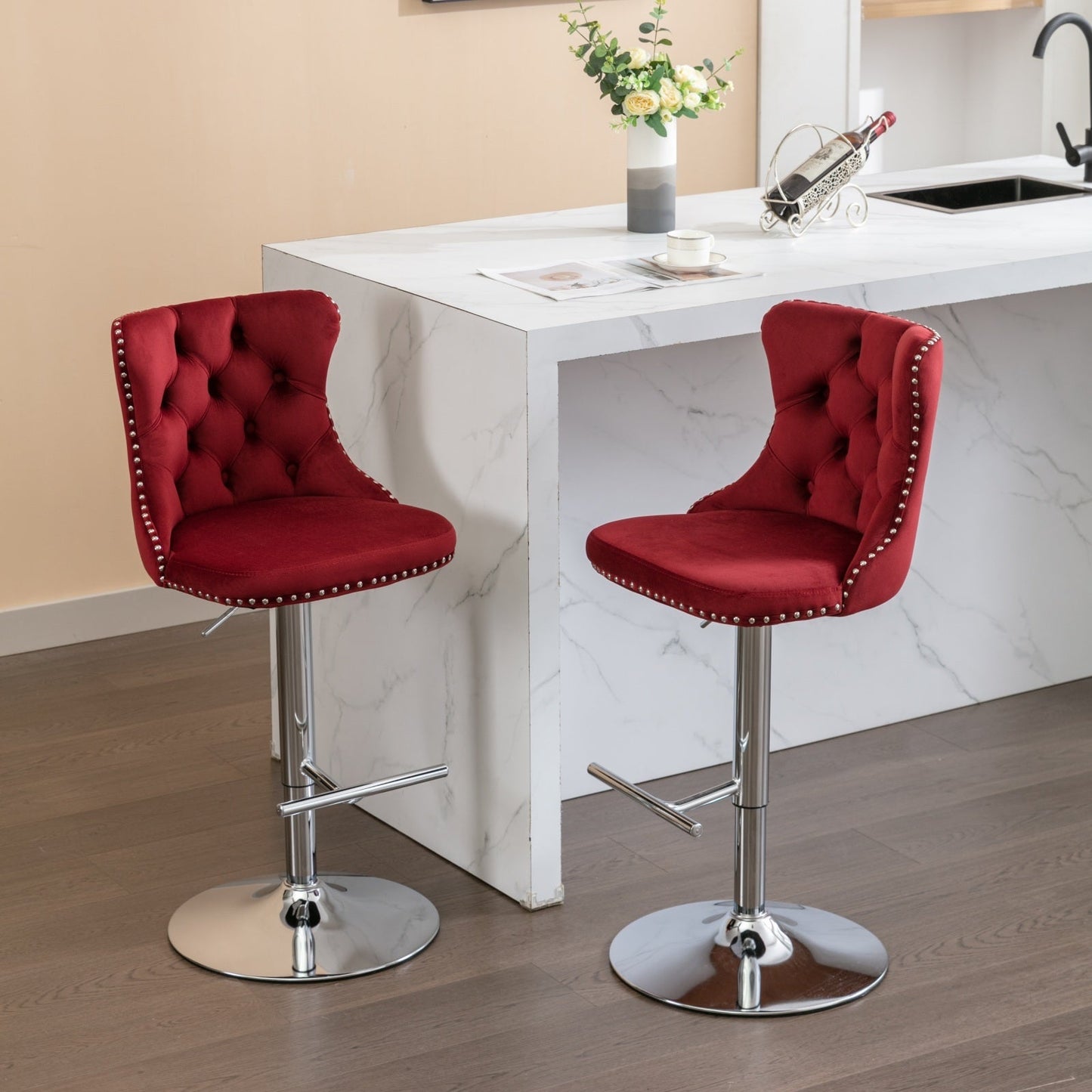 Swivel Velvet Barstools with Adjustable Seat Height, Chrome Base, Tufted Back, Wine Red, Velvet, Set of 2 - 1st Choice Furniture Direct