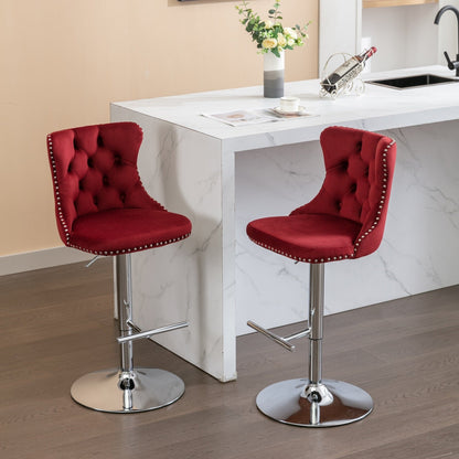 Swivel Velvet Barstools with Adjustable Seat Height, Chrome Base, Tufted Back, Wine Red, Velvet, Set of 2 - 1st Choice Furniture Direct