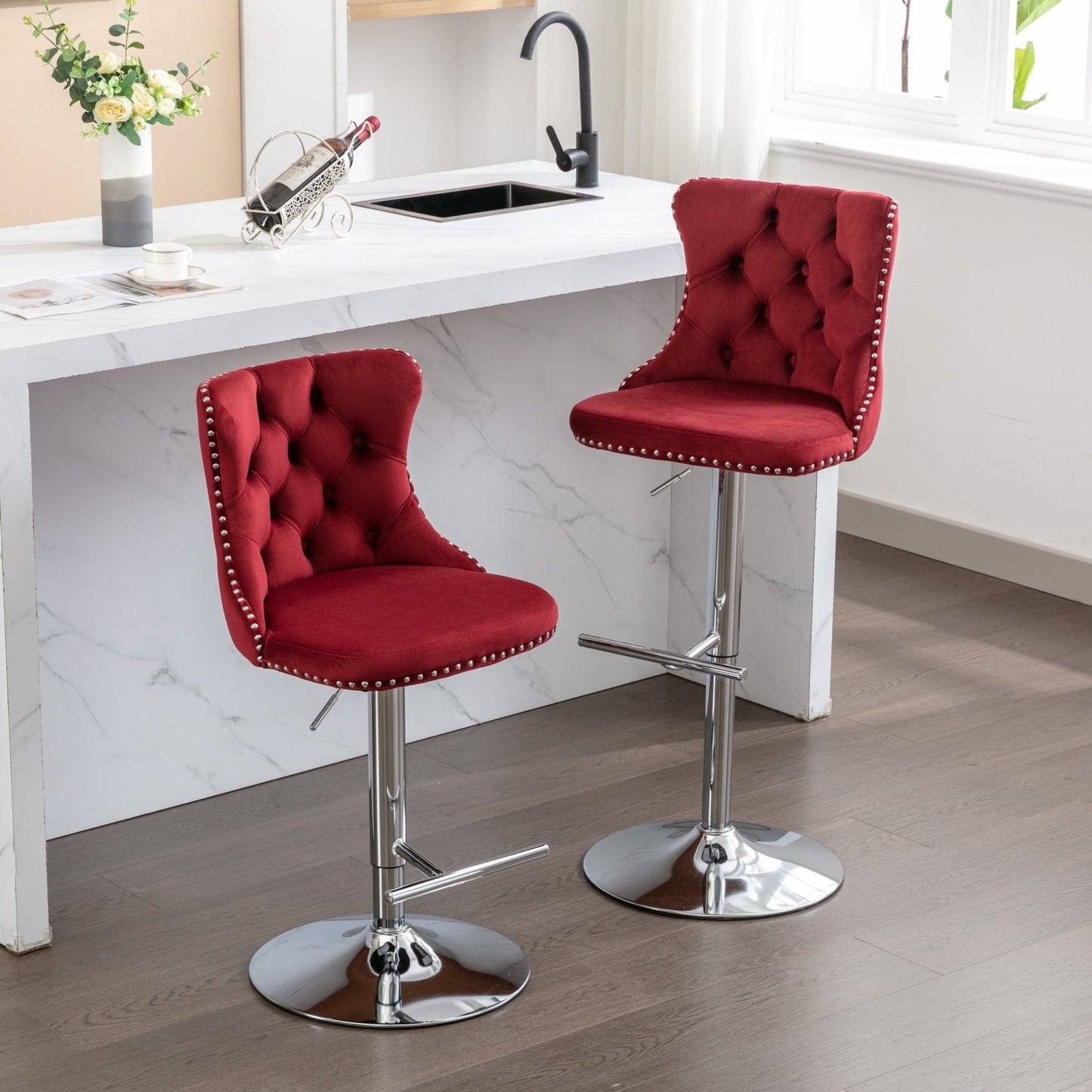 Swivel Velvet Barstools with Adjustable Seat Height, Chrome Base, Tufted Back, Wine Red, Velvet, Set of 2 - 1st Choice Furniture Direct