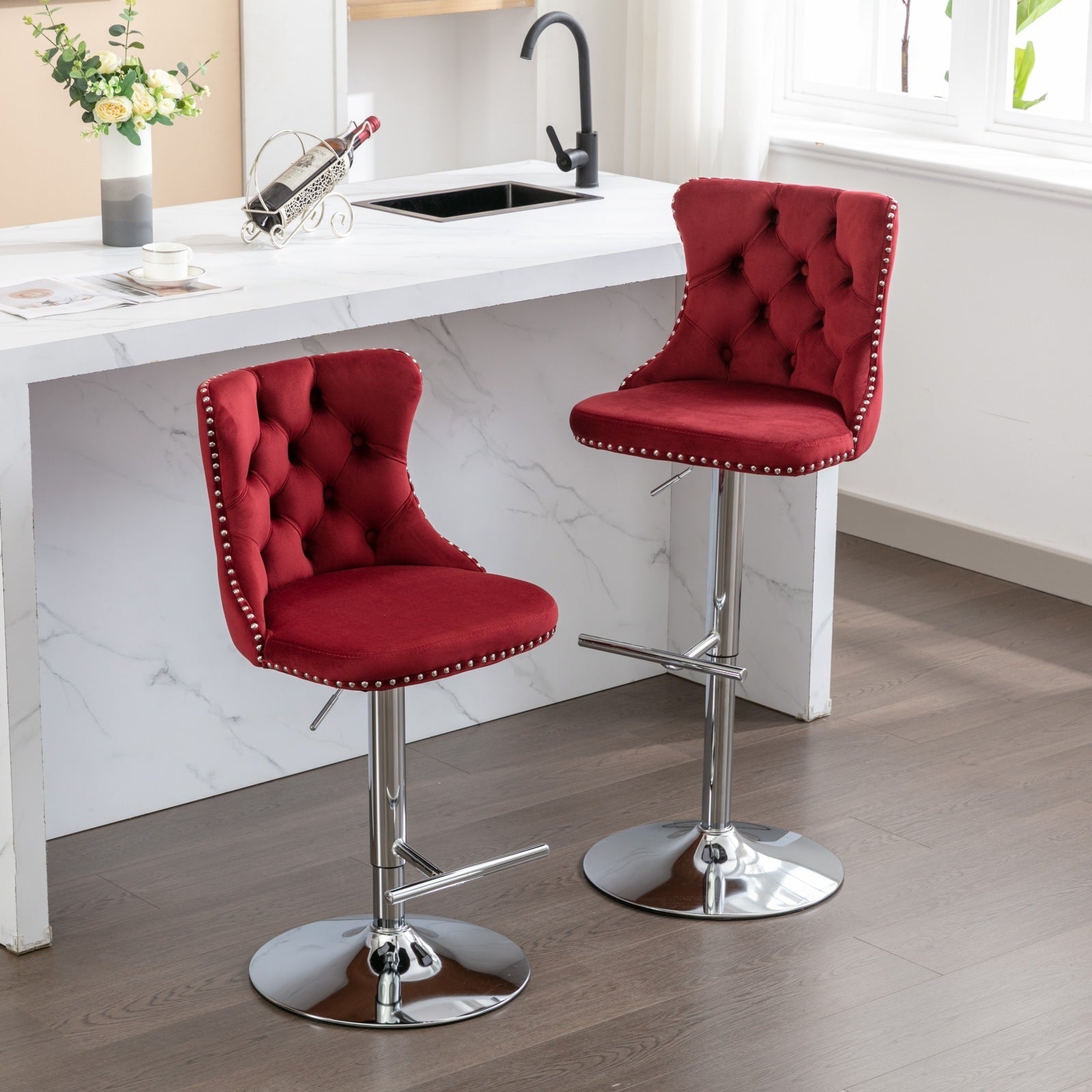 Swivel Velvet Barstools with Adjustable Seat Height, Chrome Base, Tufted Back, Wine Red, Velvet, Set of 2 - 1st Choice Furniture Direct