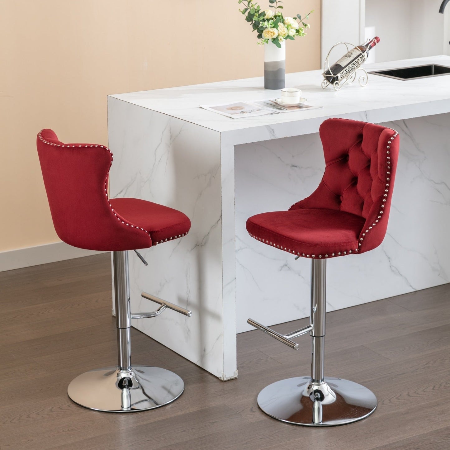 Swivel Velvet Barstools with Adjustable Seat Height, Chrome Base, Tufted Back, Wine Red, Velvet, Set of 2 - 1st Choice Furniture Direct