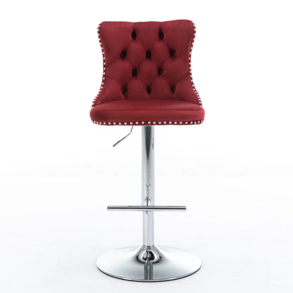 Swivel Velvet Barstools with Adjustable Seat Height, Chrome Base, Tufted Back, Wine Red, Velvet, Set of 2 - 1st Choice Furniture Direct