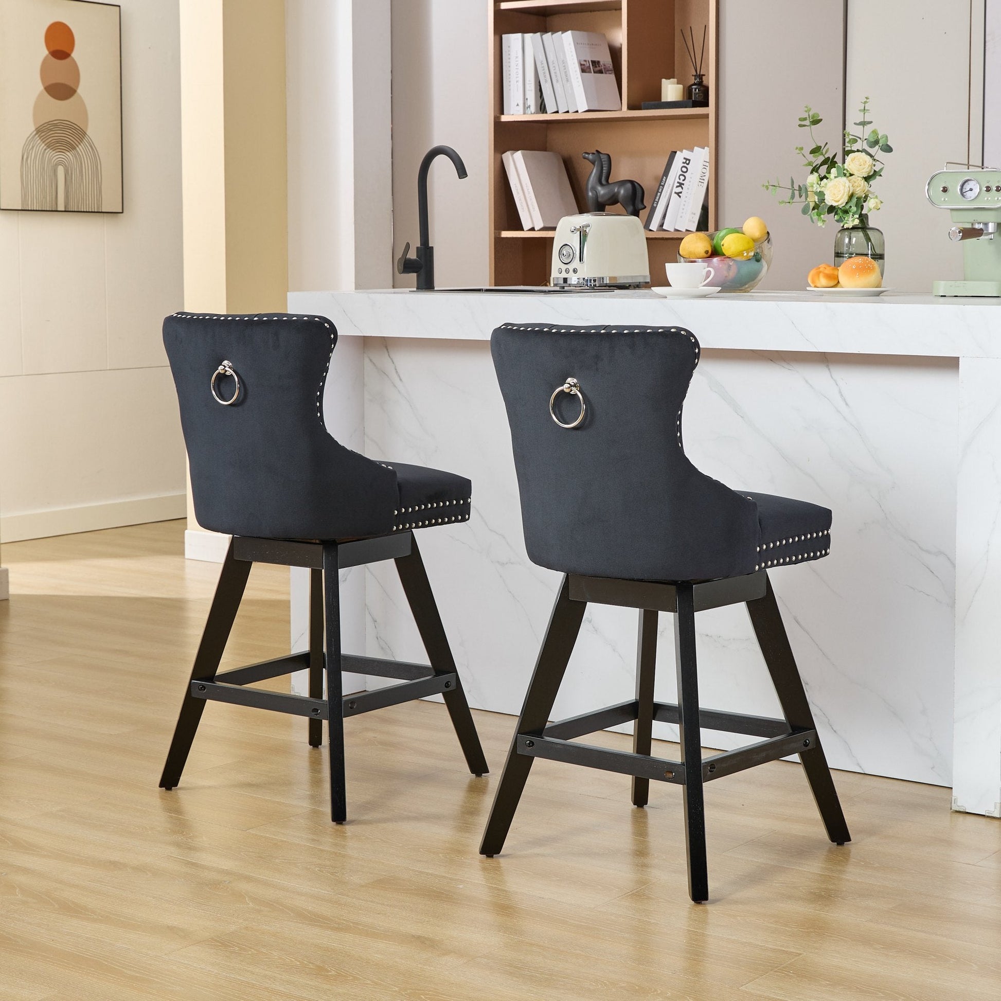 Swivel Velvet Barstools with Button Tufted Decoration and Wooden Legs, and Chrome Nailhead Trim, Leisure Style Bar Chairs,Bar stools, Set of 2 (Black),SW1860BK - 1st Choice Furniture Direct