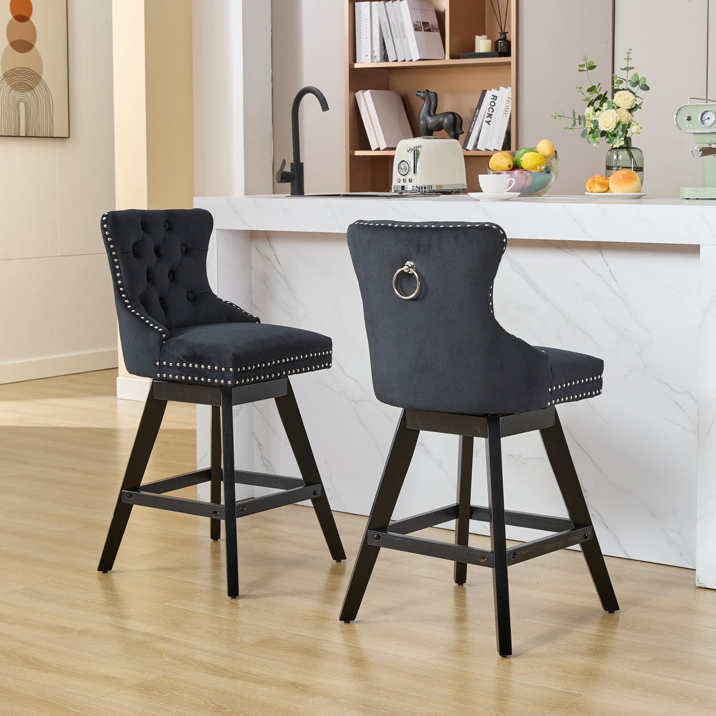 Swivel Velvet Barstools with Button Tufted Decoration and Wooden Legs, and Chrome Nailhead Trim, Leisure Style Bar Chairs,Bar stools, Set of 2 (Black),SW1860BK - 1st Choice Furniture Direct
