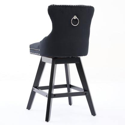 Swivel Velvet Barstools with Button Tufted Decoration and Wooden Legs, and Chrome Nailhead Trim, Leisure Style Bar Chairs,Bar stools, Set of 2 (Black),SW1860BK - 1st Choice Furniture Direct