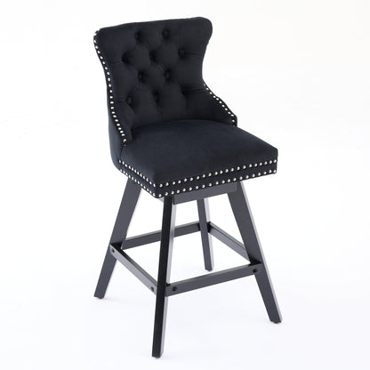 Swivel Velvet Barstools with Button Tufted Decoration and Wooden Legs, and Chrome Nailhead Trim, Leisure Style Bar Chairs,Bar stools, Set of 2 (Black),SW1860BK - 1st Choice Furniture Direct