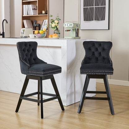 Swivel Velvet Barstools with Button Tufted Decoration and Wooden Legs, and Chrome Nailhead Trim, Leisure Style Bar Chairs,Bar stools, Set of 2 (Black),SW1860BK - 1st Choice Furniture Direct
