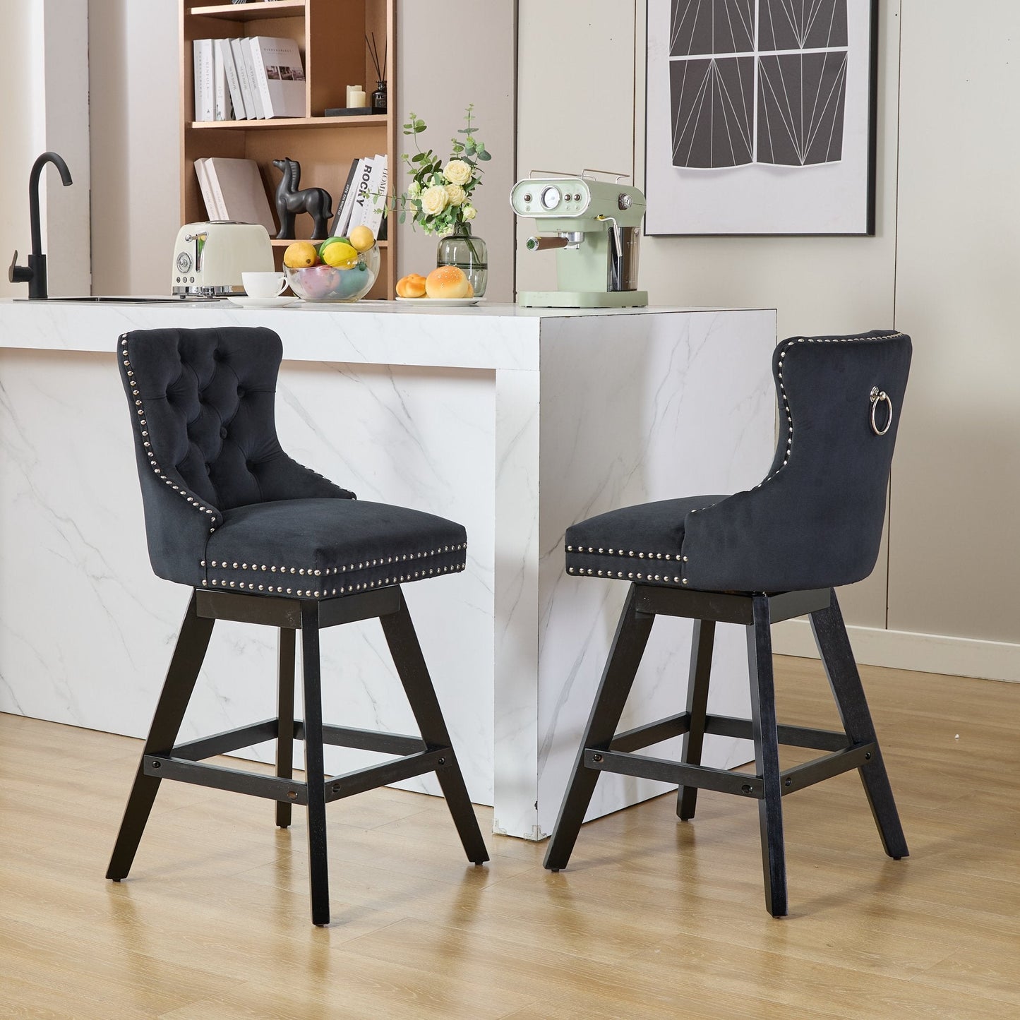 Swivel Velvet Barstools with Button Tufted Decoration and Wooden Legs, and Chrome Nailhead Trim, Leisure Style Bar Chairs,Bar stools, Set of 2 (Black),SW1860BK - 1st Choice Furniture Direct