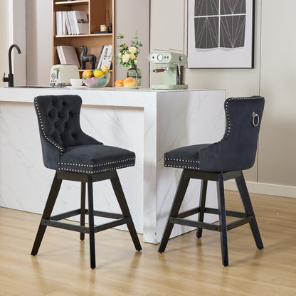 Swivel Velvet Barstools with Button Tufted Decoration and Wooden Legs, and Chrome Nailhead Trim, Leisure Style Bar Chairs,Bar stools, Set of 2 (Black),SW1860BK - 1st Choice Furniture Direct