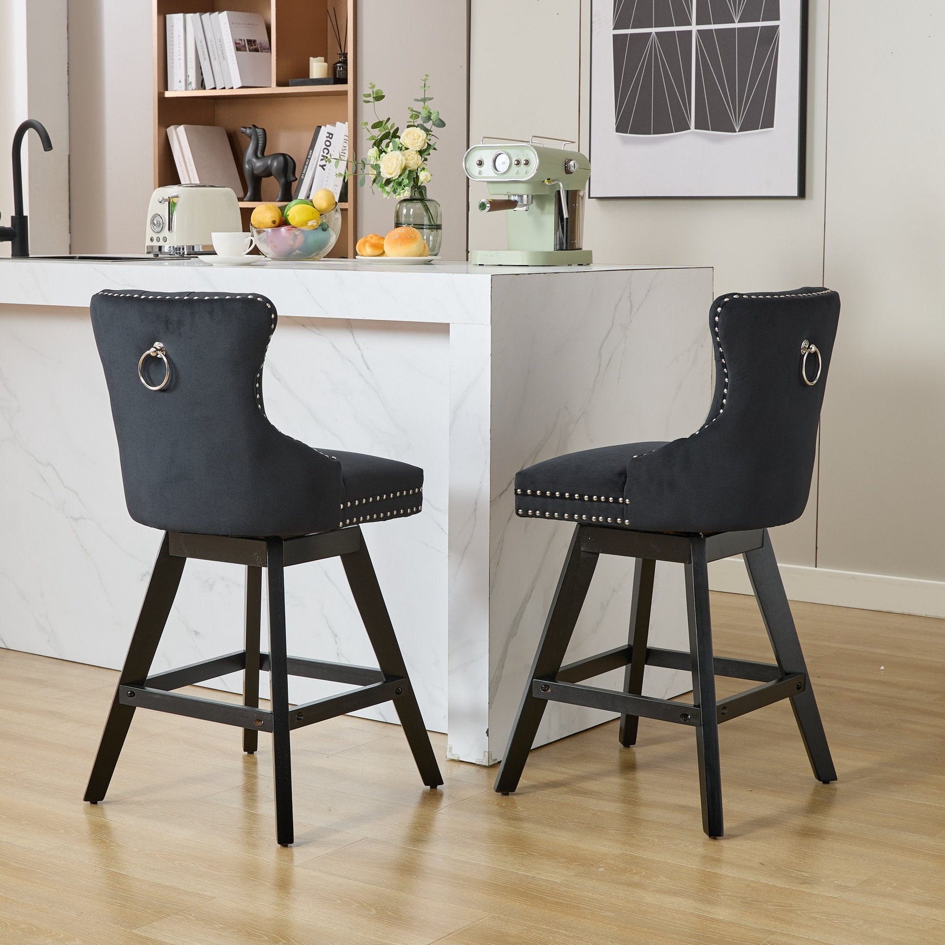 Swivel Velvet Barstools with Button Tufted Decoration and Wooden Legs, and Chrome Nailhead Trim, Leisure Style Bar Chairs,Bar stools, Set of 2 (Black),SW1860BK - 1st Choice Furniture Direct