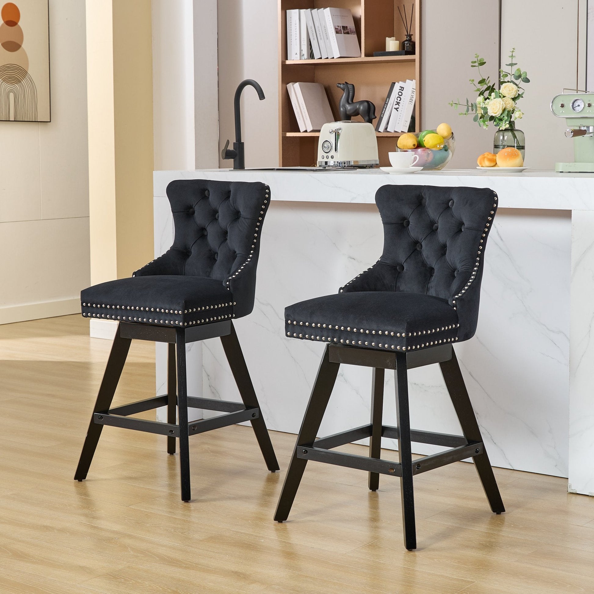 Swivel Velvet Barstools with Button Tufted Decoration and Wooden Legs, and Chrome Nailhead Trim, Leisure Style Bar Chairs,Bar stools, Set of 2 (Black),SW1860BK - 1st Choice Furniture Direct