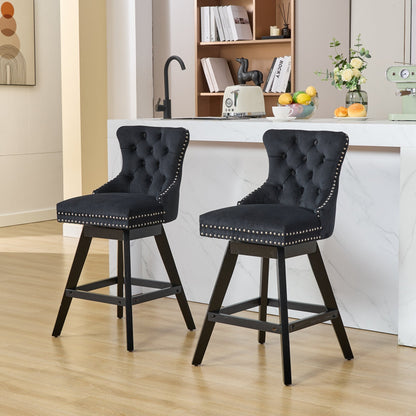 Swivel Velvet Barstools with Button Tufted Decoration and Wooden Legs, and Chrome Nailhead Trim, Leisure Style Bar Chairs,Bar stools, Set of 2 (Black),SW1860BK - 1st Choice Furniture Direct