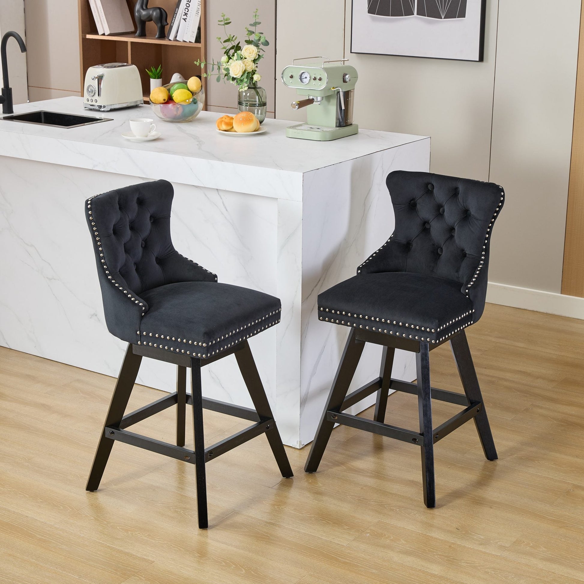 Swivel Velvet Barstools with Button Tufted Decoration and Wooden Legs, and Chrome Nailhead Trim, Leisure Style Bar Chairs,Bar stools, Set of 2 (Black),SW1860BK - 1st Choice Furniture Direct