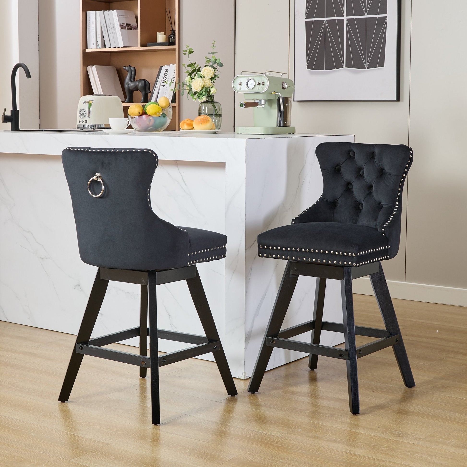 Swivel Velvet Barstools with Button Tufted Decoration and Wooden Legs, and Chrome Nailhead Trim, Leisure Style Bar Chairs,Bar stools, Set of 2 (Black),SW1860BK - 1st Choice Furniture Direct