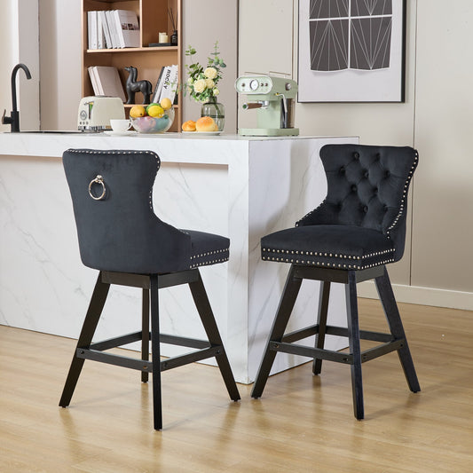 Swivel Velvet Barstools with Button Tufted Decoration and Wooden Legs, and Chrome Nailhead Trim, Leisure Style Bar Chairs,Bar stools, Set of 2 (Black),SW1860BK - 1st Choice Furniture Direct