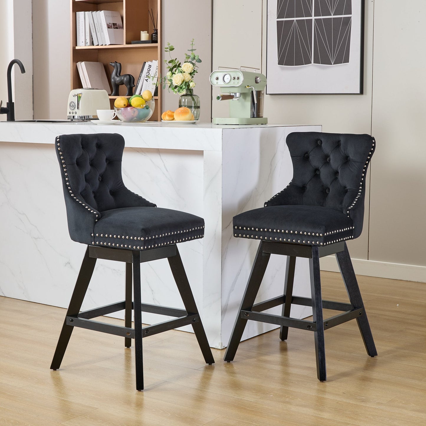 Swivel Velvet Barstools with Button Tufted Decoration and Wooden Legs, and Chrome Nailhead Trim, Leisure Style Bar Chairs,Bar stools, Set of 2 (Black),SW1860BK - 1st Choice Furniture Direct