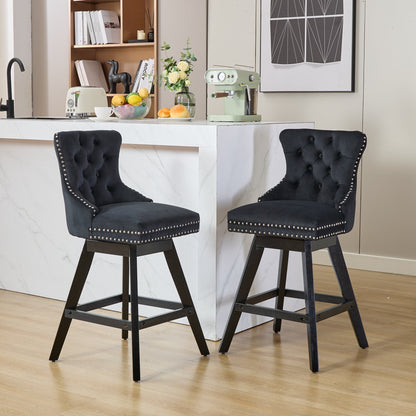 Swivel Velvet Barstools with Button Tufted Decoration and Wooden Legs, and Chrome Nailhead Trim, Leisure Style Bar Chairs,Bar stools, Set of 2 (Black),SW1860BK - 1st Choice Furniture Direct