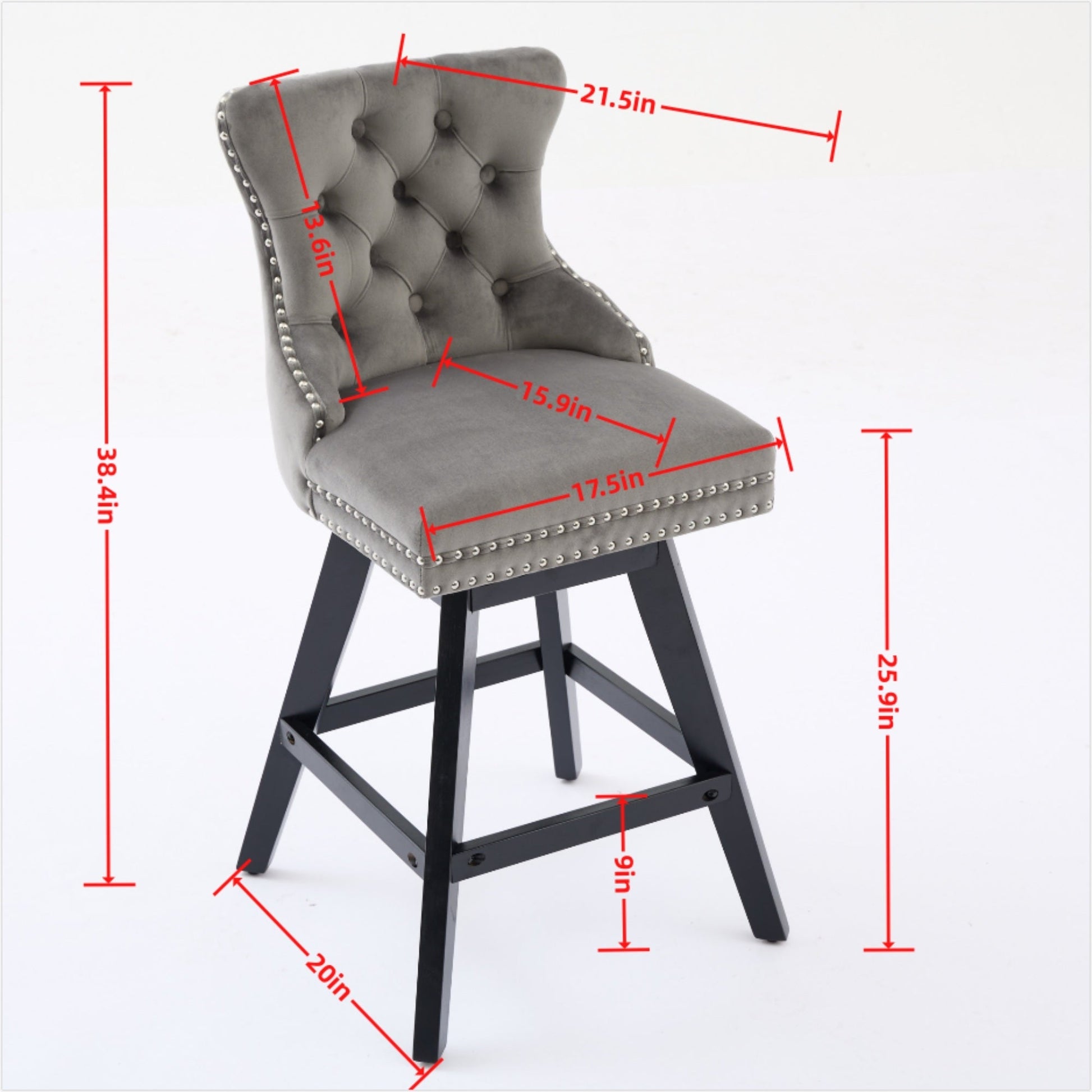 Swivel Velvet Barstools with Button Tufted Decoration and Wooden Legs, and Chrome Nailhead Trim, Leisure Style Bar Chairs,Bar stools, Set of 2 (Gray),SW1860GY - 1st Choice Furniture Direct