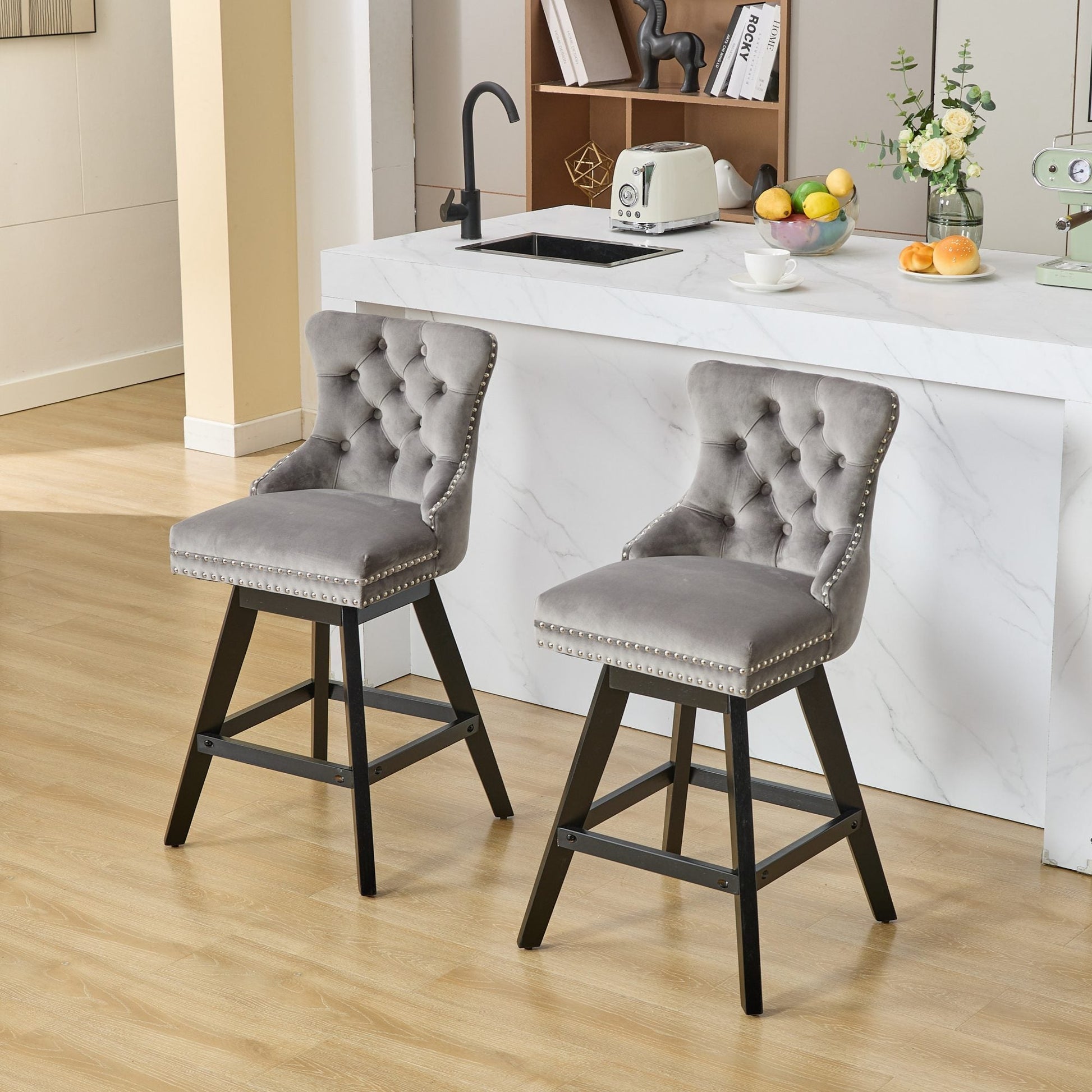 Swivel Velvet Barstools with Button Tufted Decoration and Wooden Legs, and Chrome Nailhead Trim, Leisure Style Bar Chairs,Bar stools, Set of 2 (Gray),SW1860GY - 1st Choice Furniture Direct