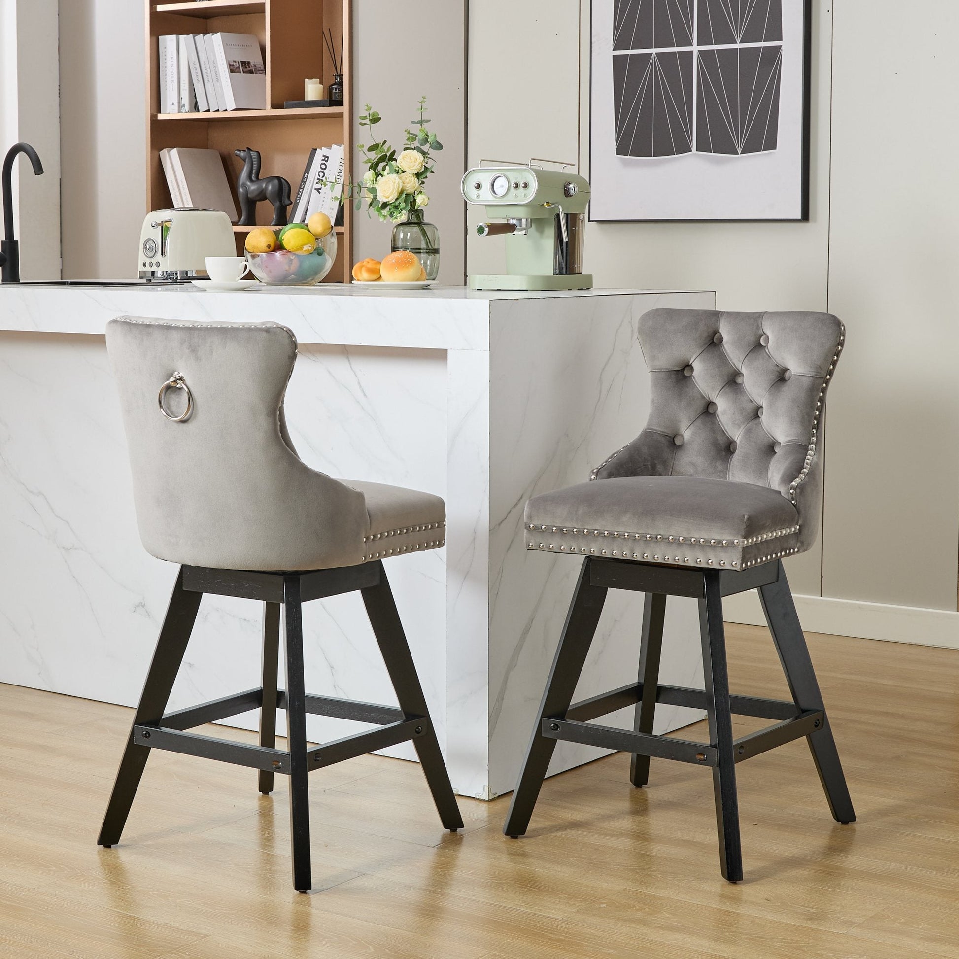 Swivel Velvet Barstools with Button Tufted Decoration and Wooden Legs, and Chrome Nailhead Trim, Leisure Style Bar Chairs,Bar stools, Set of 2 (Gray),SW1860GY - 1st Choice Furniture Direct