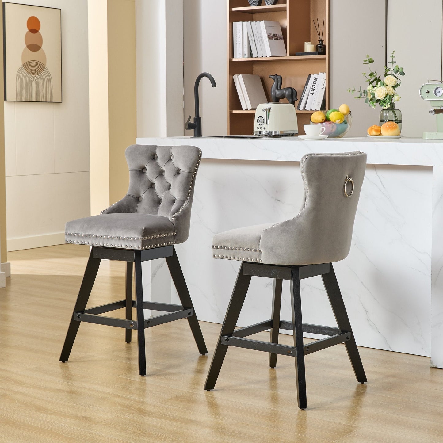 Swivel Velvet Barstools with Button Tufted Decoration and Wooden Legs, and Chrome Nailhead Trim, Leisure Style Bar Chairs,Bar stools, Set of 2 (Gray),SW1860GY - 1st Choice Furniture Direct