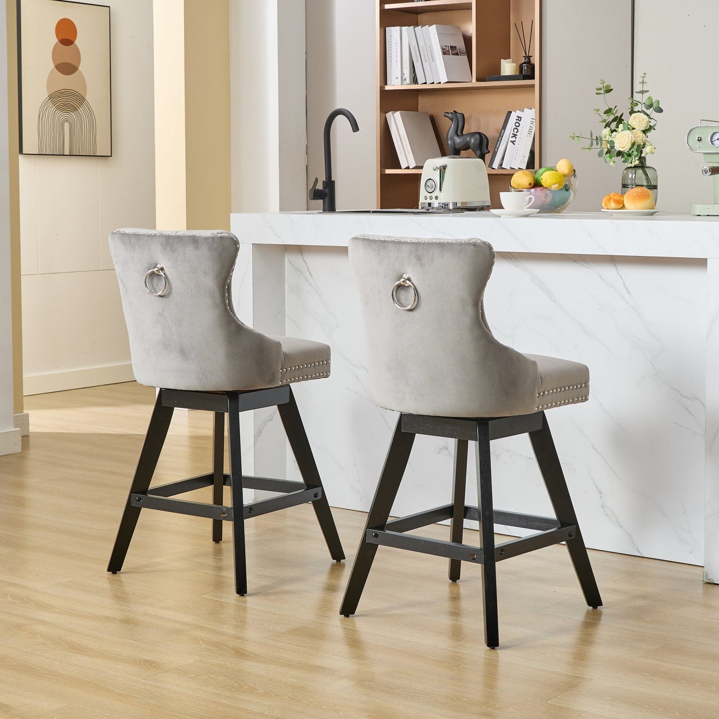 Swivel Velvet Barstools with Button Tufted Decoration and Wooden Legs, and Chrome Nailhead Trim, Leisure Style Bar Chairs,Bar stools, Set of 2 (Gray),SW1860GY - 1st Choice Furniture Direct