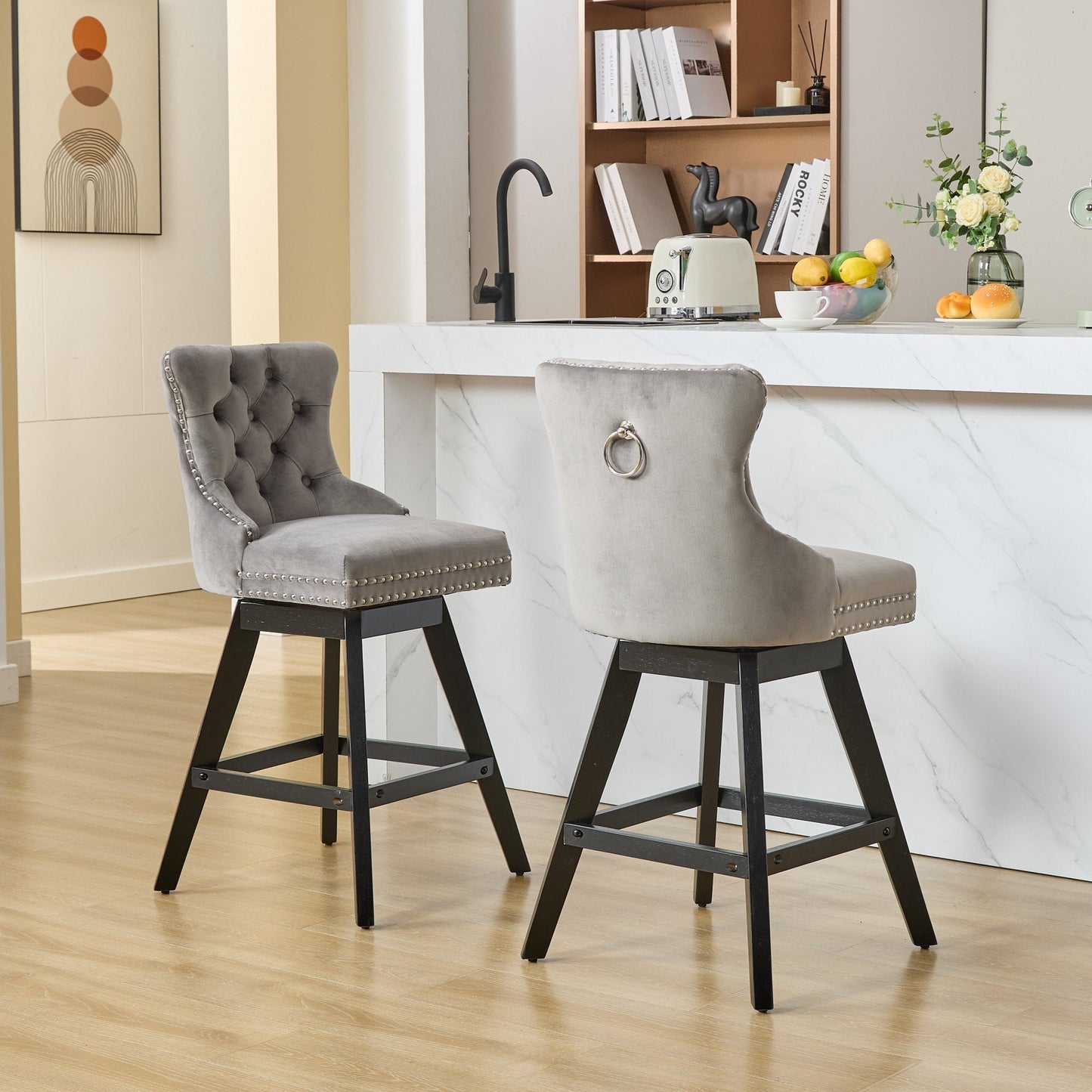 Swivel Velvet Barstools with Button Tufted Decoration and Wooden Legs, and Chrome Nailhead Trim, Leisure Style Bar Chairs,Bar stools, Set of 2 (Gray),SW1860GY - 1st Choice Furniture Direct