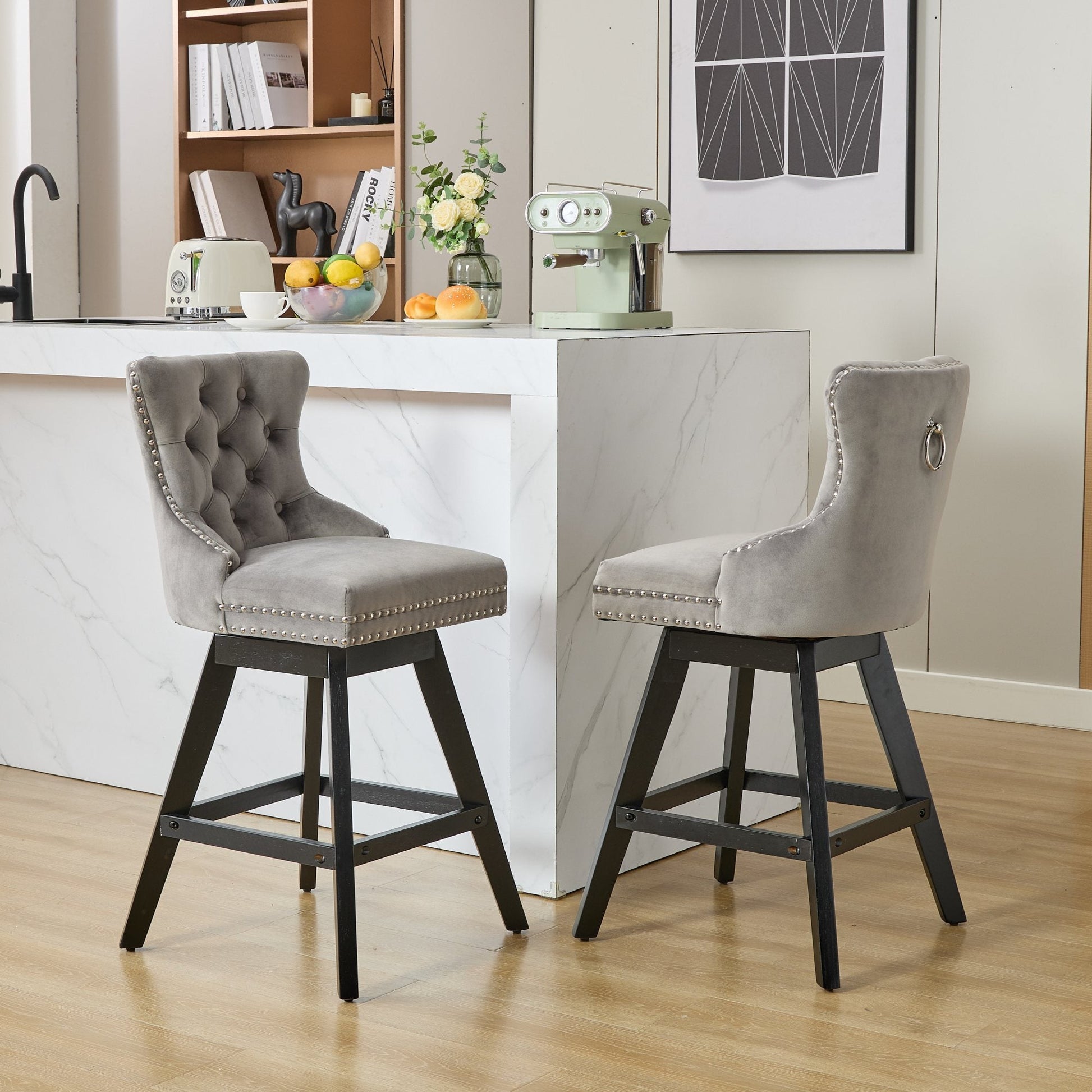 Swivel Velvet Barstools with Button Tufted Decoration and Wooden Legs, and Chrome Nailhead Trim, Leisure Style Bar Chairs,Bar stools, Set of 2 (Gray),SW1860GY - 1st Choice Furniture Direct