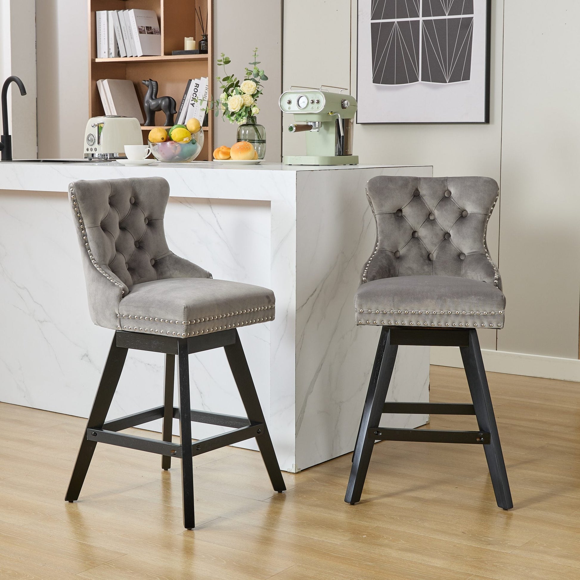 Swivel Velvet Barstools with Button Tufted Decoration and Wooden Legs, and Chrome Nailhead Trim, Leisure Style Bar Chairs,Bar stools, Set of 2 (Gray),SW1860GY - 1st Choice Furniture Direct