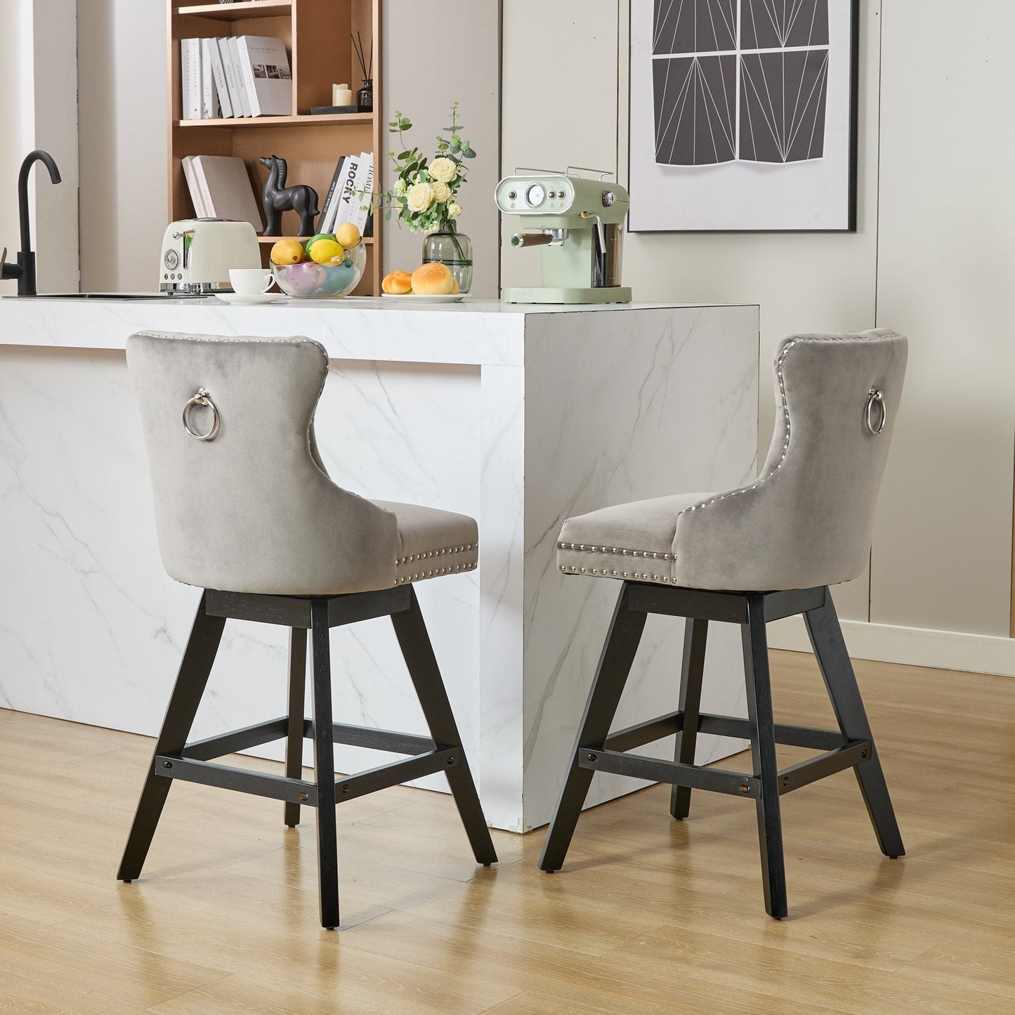 Swivel Velvet Barstools with Button Tufted Decoration and Wooden Legs, and Chrome Nailhead Trim, Leisure Style Bar Chairs,Bar stools, Set of 2 (Gray),SW1860GY - 1st Choice Furniture Direct