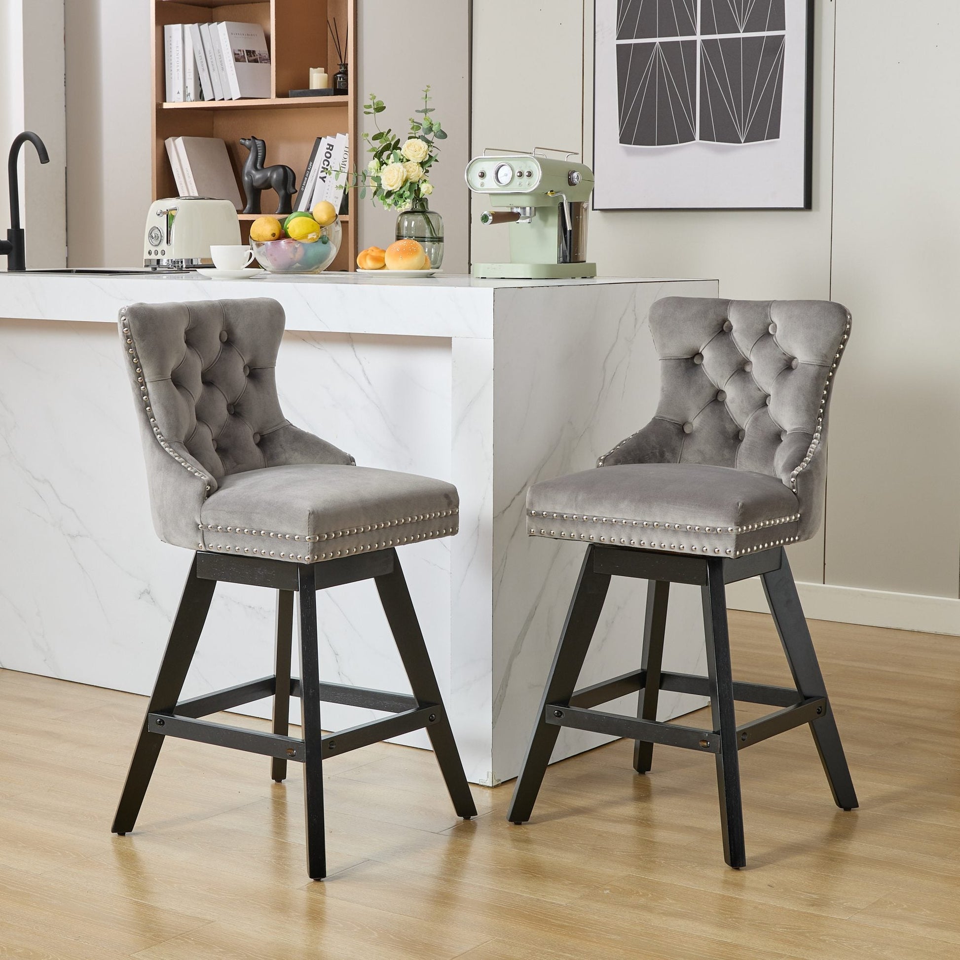 Swivel Velvet Barstools with Button Tufted Decoration and Wooden Legs, and Chrome Nailhead Trim, Leisure Style Bar Chairs,Bar stools, Set of 2 (Gray),SW1860GY - 1st Choice Furniture Direct