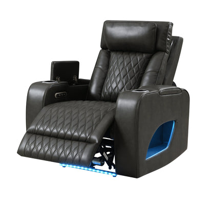 Taddeo Dark Gray Synthetic Leather Power Motion Recliner w/Power Headrest, USB, Wireless Charger & LED - 1st Choice Furniture Direct