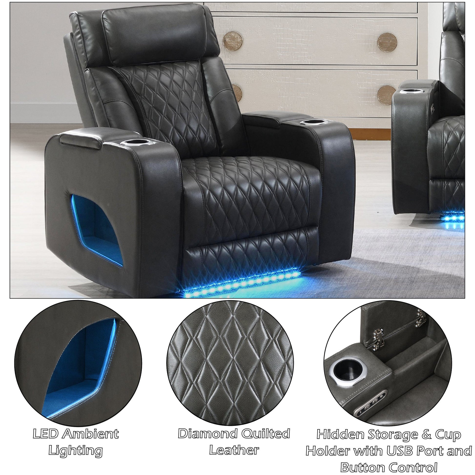 Taddeo Dark Gray Synthetic Leather Power Motion Recliner w/Power Headrest, USB, Wireless Charger & LED - 1st Choice Furniture Direct