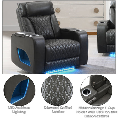 Taddeo Dark Gray Synthetic Leather Power Motion Recliner w/Power Headrest, USB, Wireless Charger & LED - 1st Choice Furniture Direct