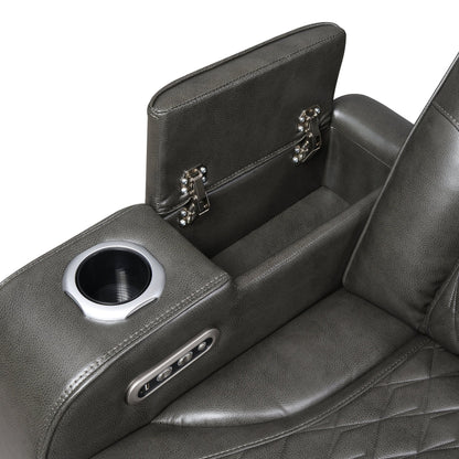 Taddeo Dark Gray Synthetic Leather Power Motion Sofa w/Power Headrest, USB, Wireless Charger, LED & Reading Light - 1st Choice Furniture Direct